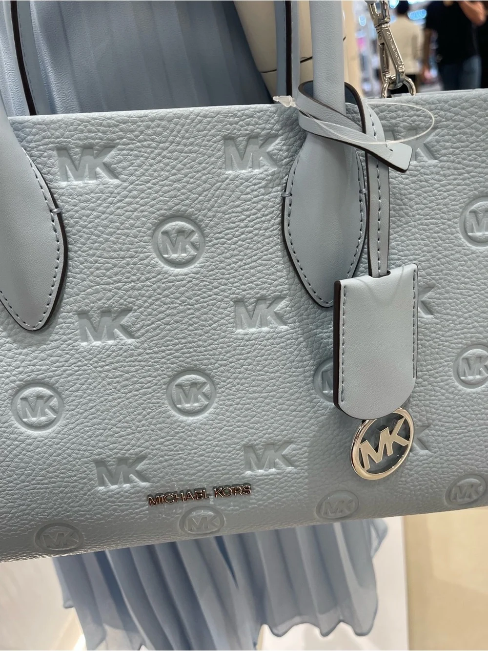 Michael Kors Mirella Md Logo Debossed EW Top Zip Satchel Shouldr Tote Pale Ocean